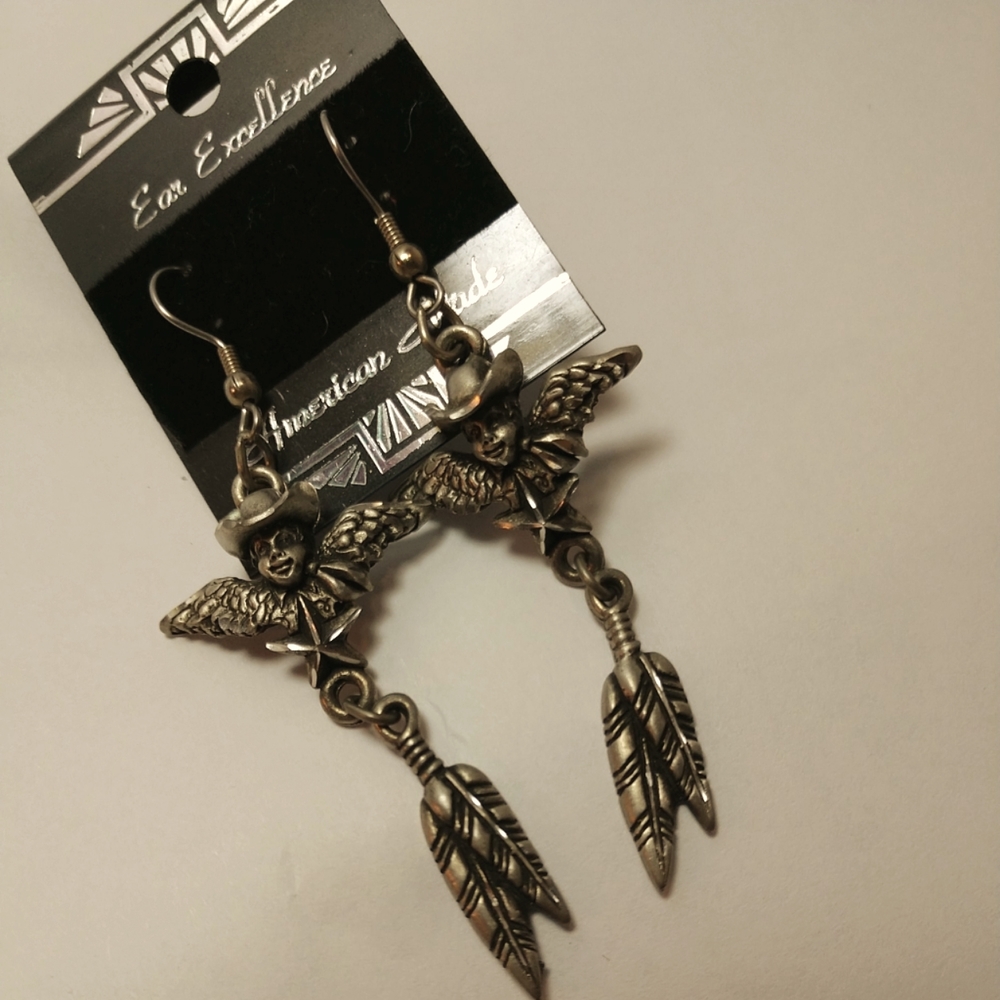 🆕 Earrings American Made Pewter Cowboy Angel Tribal Feathers French Wires NWT